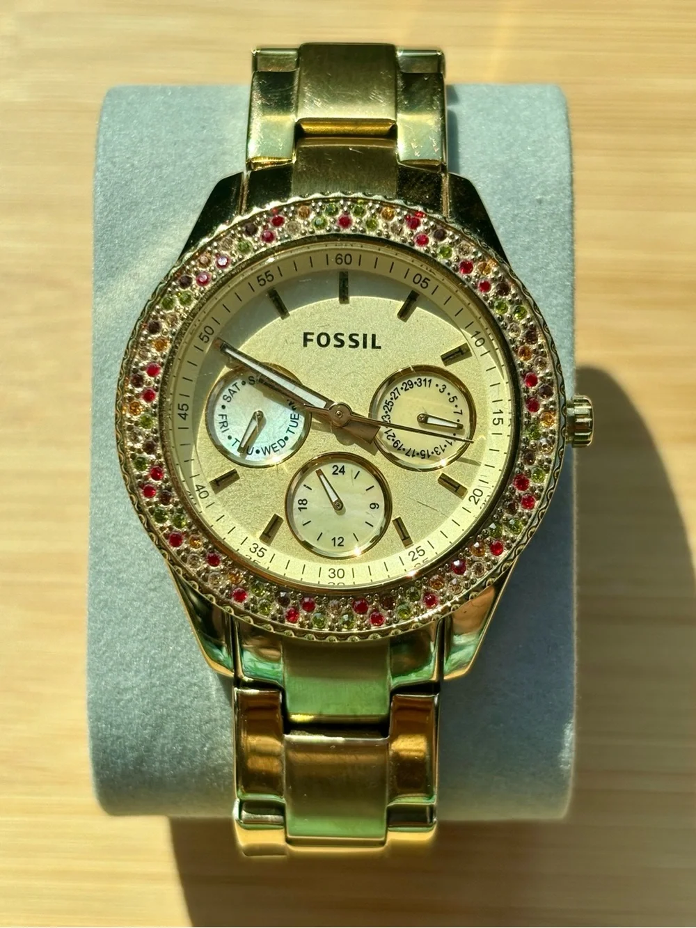 Fossil Stella Multi-Function Watch Gold Tone w/ Multicolored Crystal Stones 38mm
